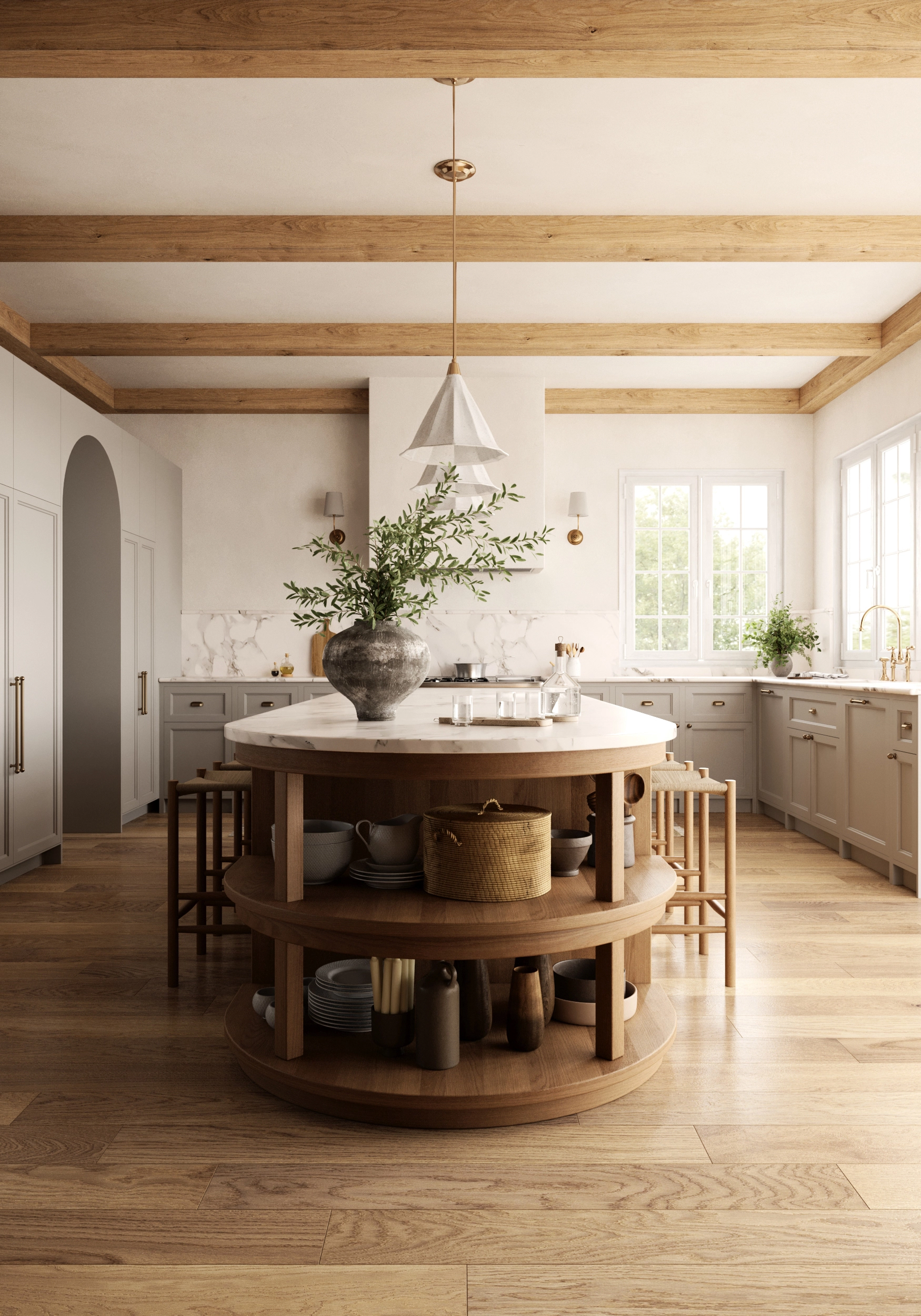 Modern kitchen design with custom wood and marble kitchen island