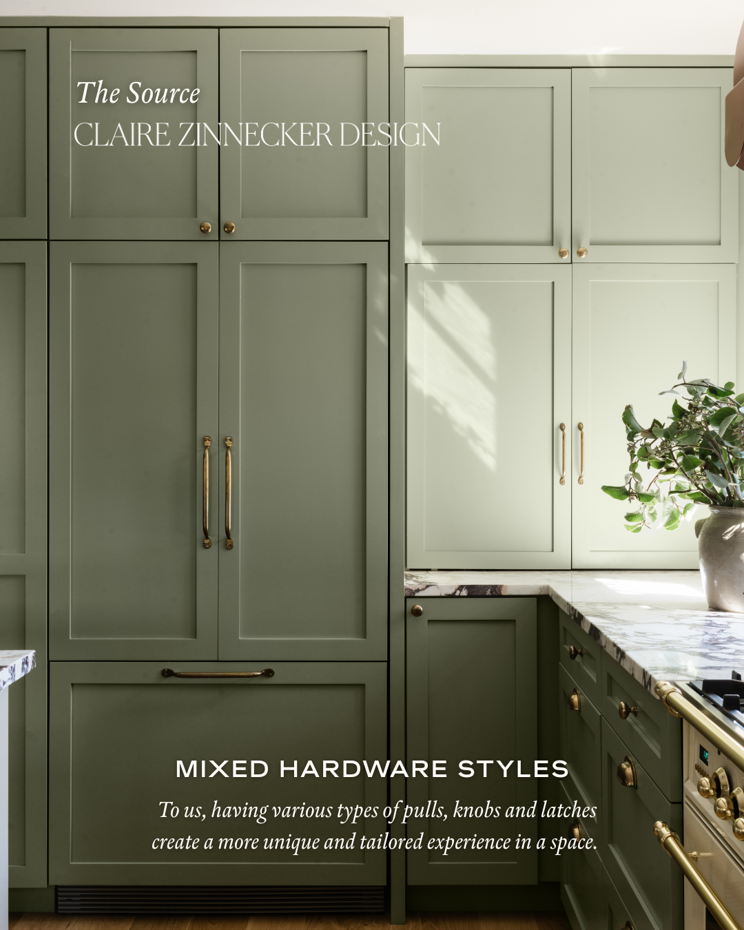 A photo of beautiful sage green cabinetry featuring different hardware styles