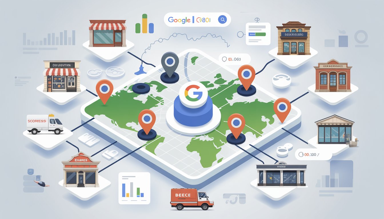 A digital map with multiple location pins connected to a central hub, surrounded by icons representing various business locations.