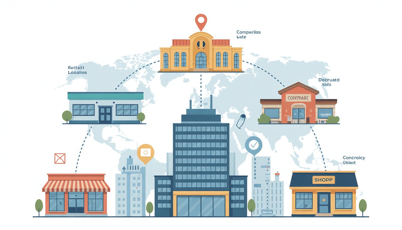 Illustration showing a central office connected by lines to multiple different buildings representing various locations.