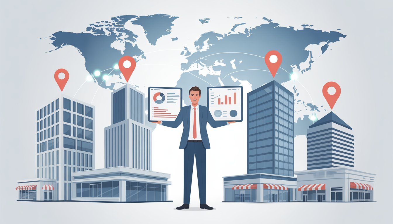 A business manager standing in the center surrounded by multiple office buildings connected by glowing lines, with a world map showing location markers in the background.