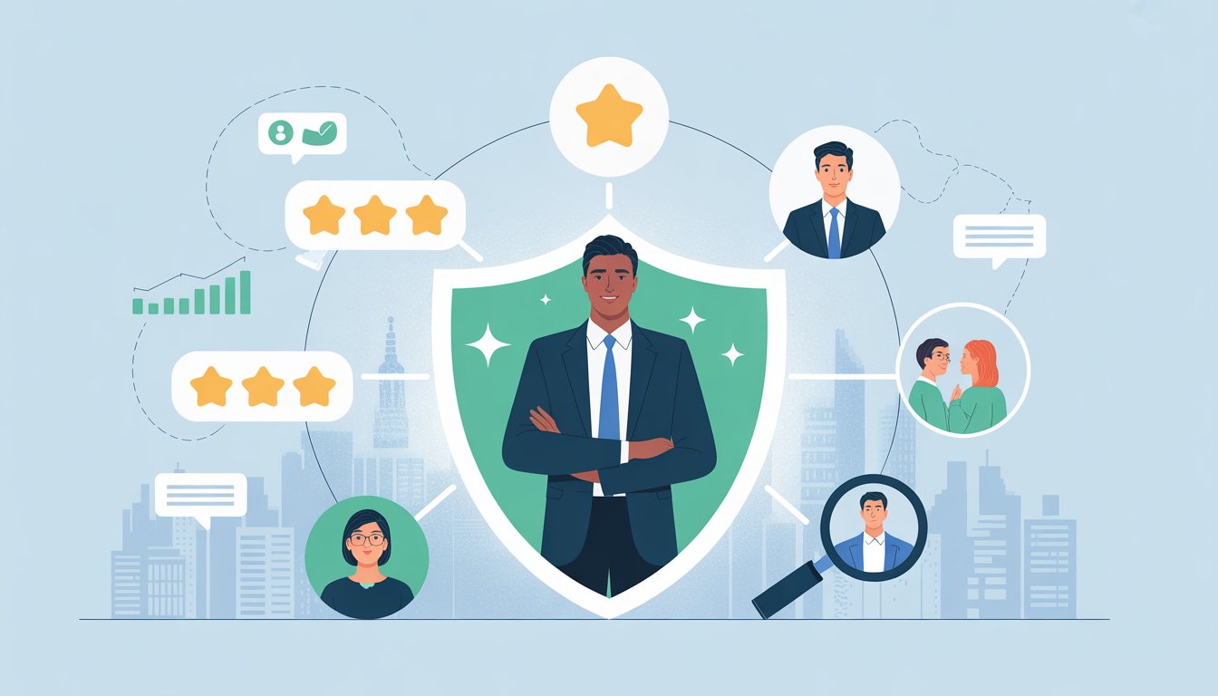 A business professional standing inside a glowing shield surrounded by icons representing trust, reviews, communication, and social connections with a city skyline in the background.