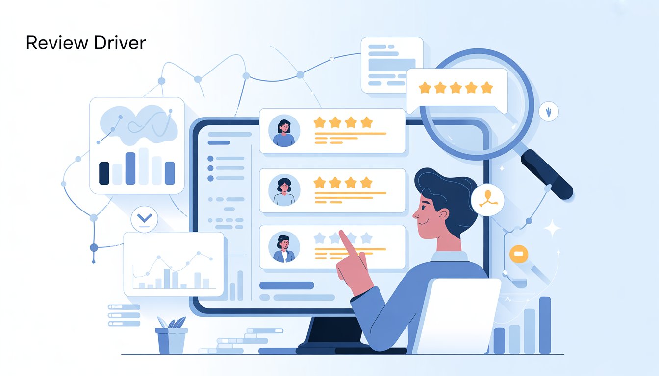 A person interacting with a computer screen showing review icons, star ratings, and graphs representing monitoring of customer reviews.