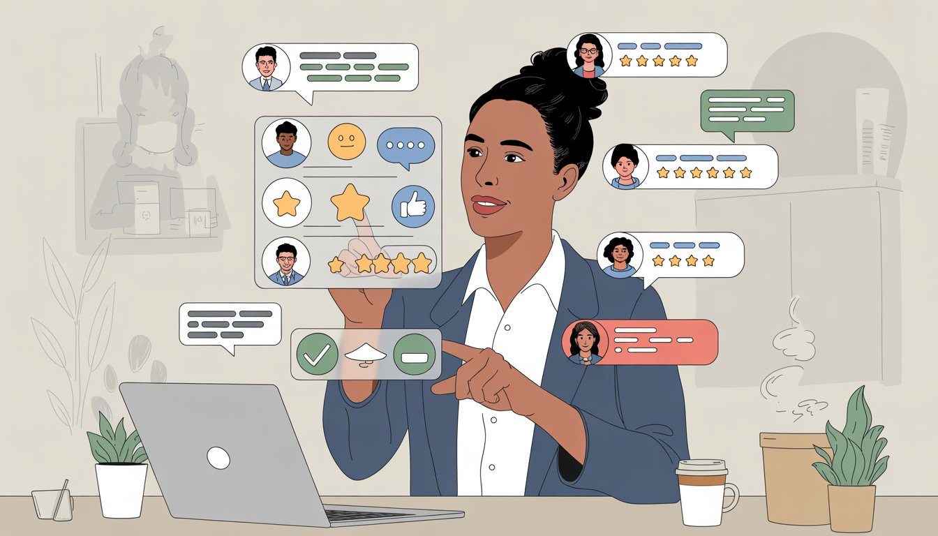 A business owner interacting with a touchscreen displaying icons for review platforms, surrounded by customer avatars and positive feedback symbols in an office setting.