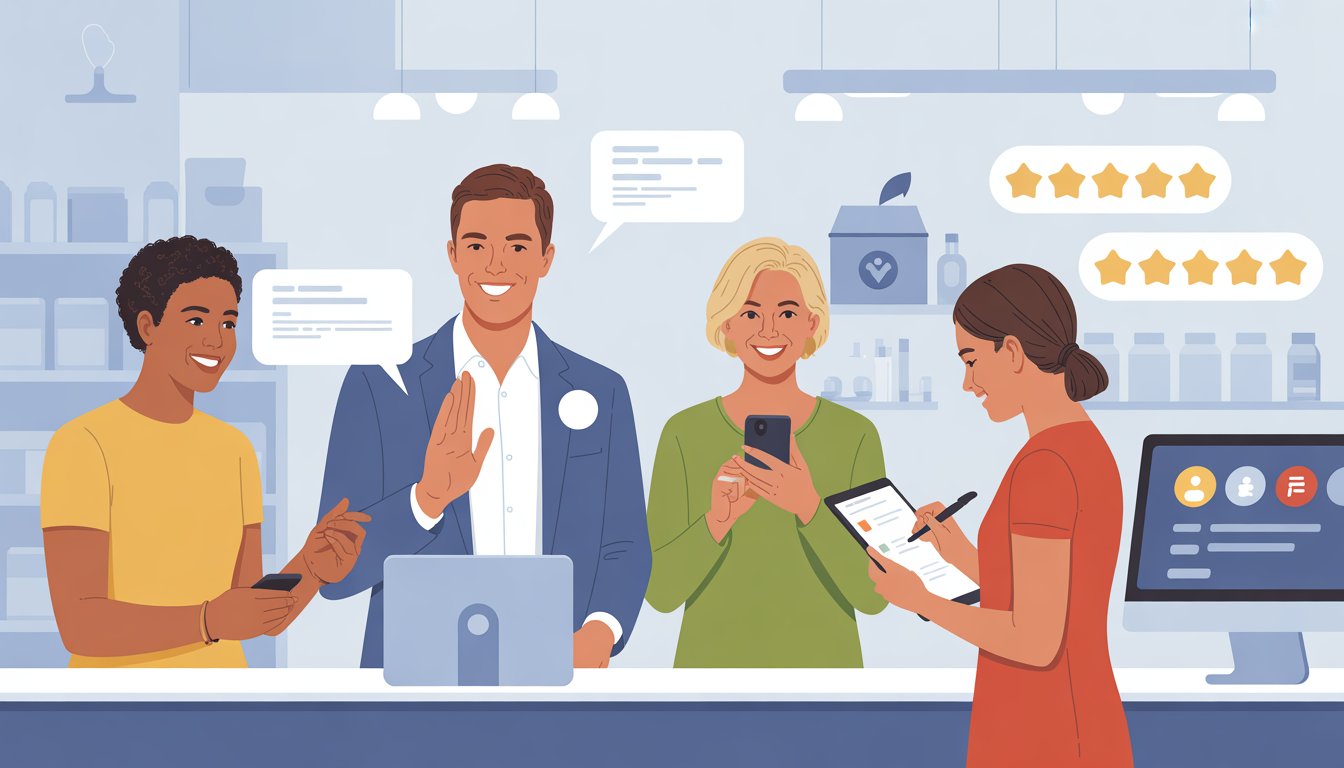 A business owner engaging with customers who are sharing feedback using a smartphone, tablet, and conversation in a store setting.