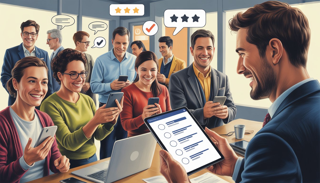 A group of diverse customers using devices to share feedback while a business owner listens attentively in a modern office setting.