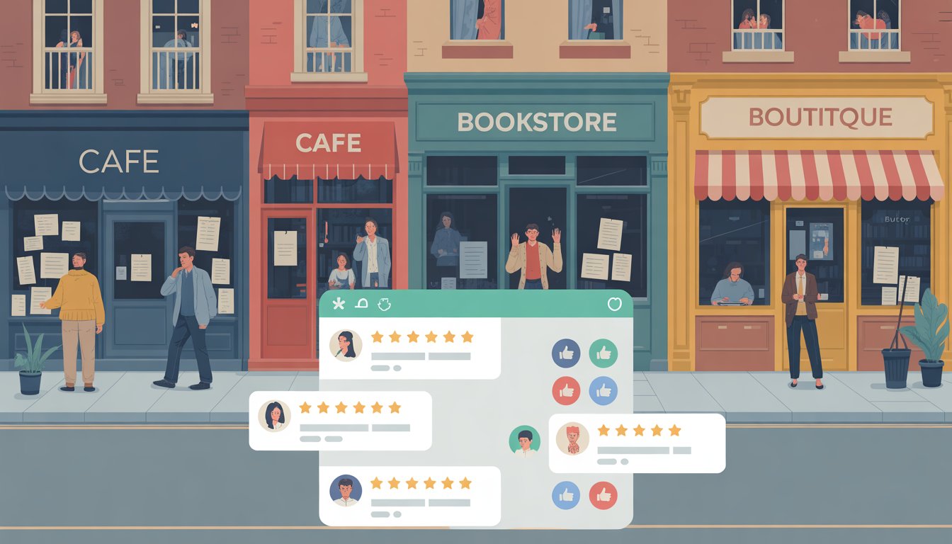 A city street with local shops showing signs of unhappy customers and low star ratings displayed digitally above them.