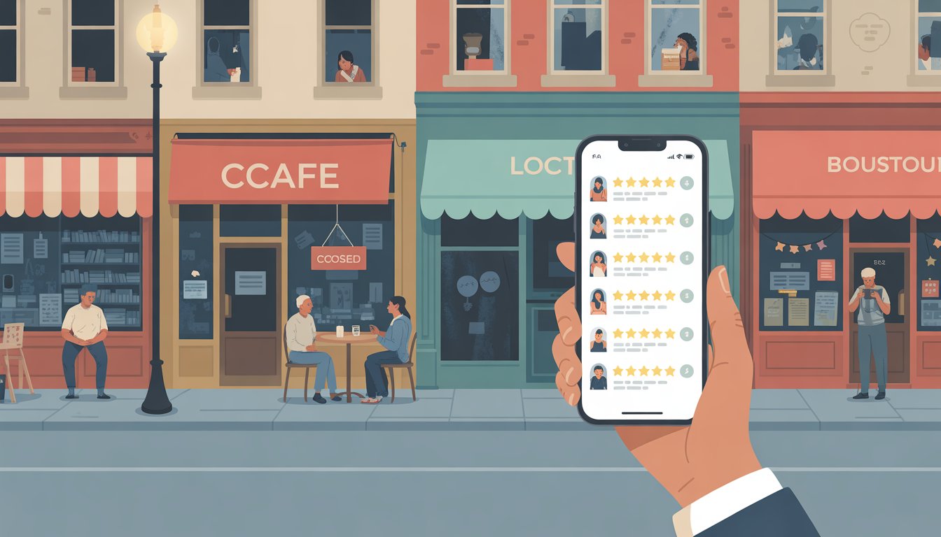 A city street with several small shops and unhappy customers, while a person looks at a smartphone showing negative reviews.