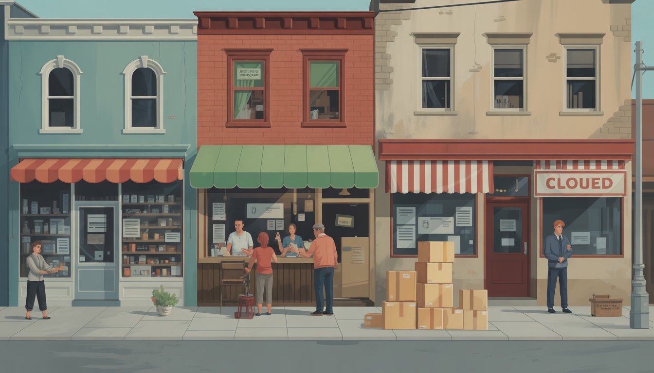 A street with several local business storefronts showing signs of problems like disorganization, frustrated customers, and delivery delays.