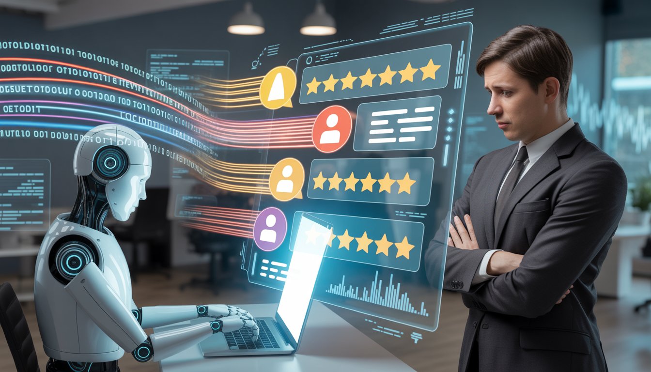 A business owner watches a robot generating online reviews on a computer, with digital code and review icons floating around.