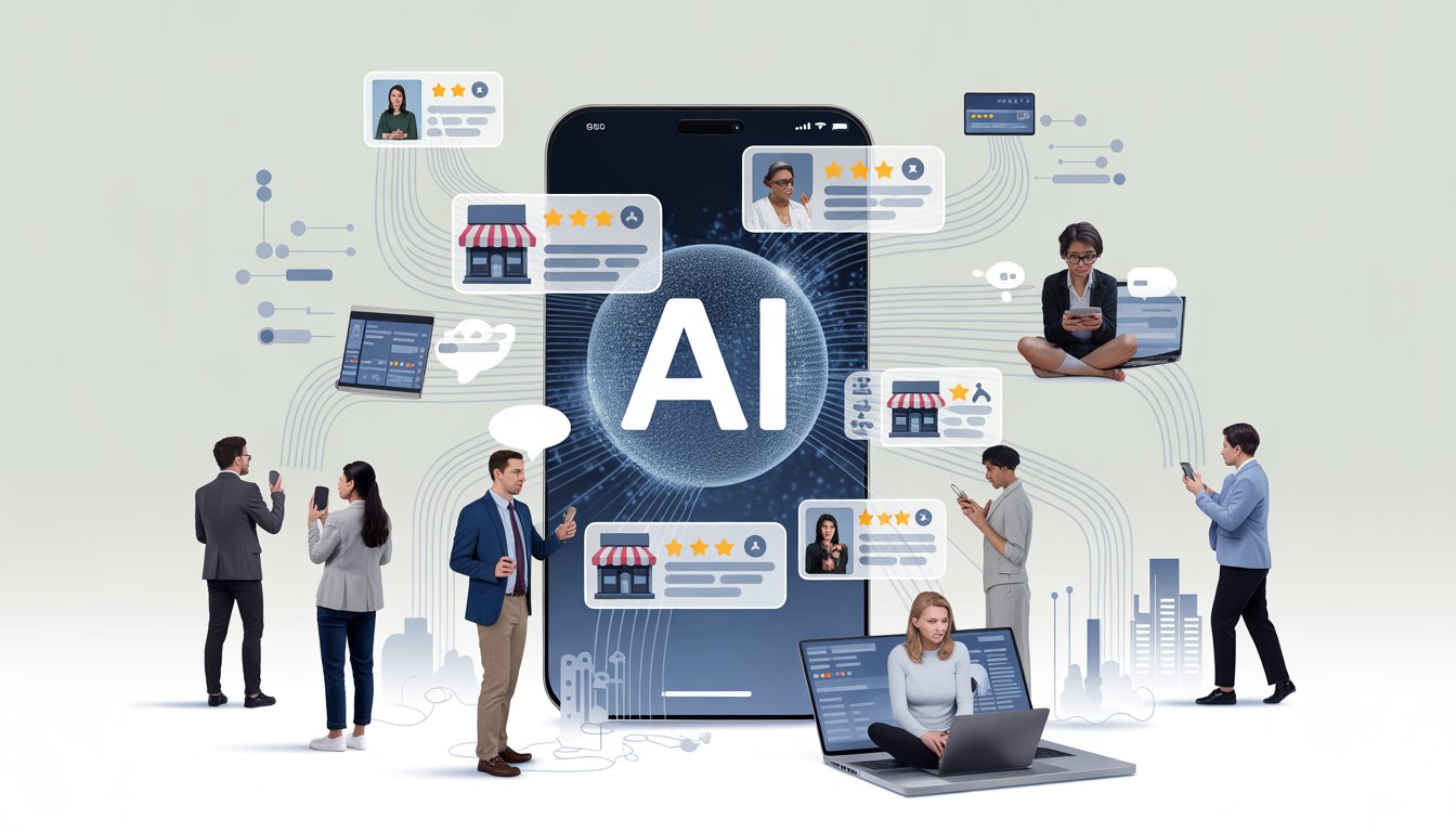 A digital scene showing an AI interface analyzing customer reviews with customers using devices to ask questions, connected by flowing data lines in a business environment.