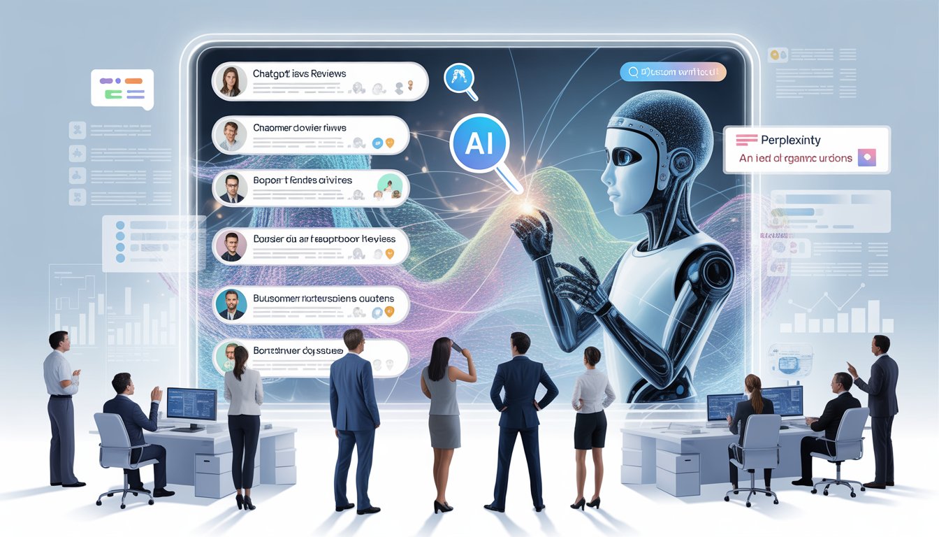 A group of professionals observing an AI system analyzing customer reviews on a large transparent screen with data streams and icons representing chat and search.