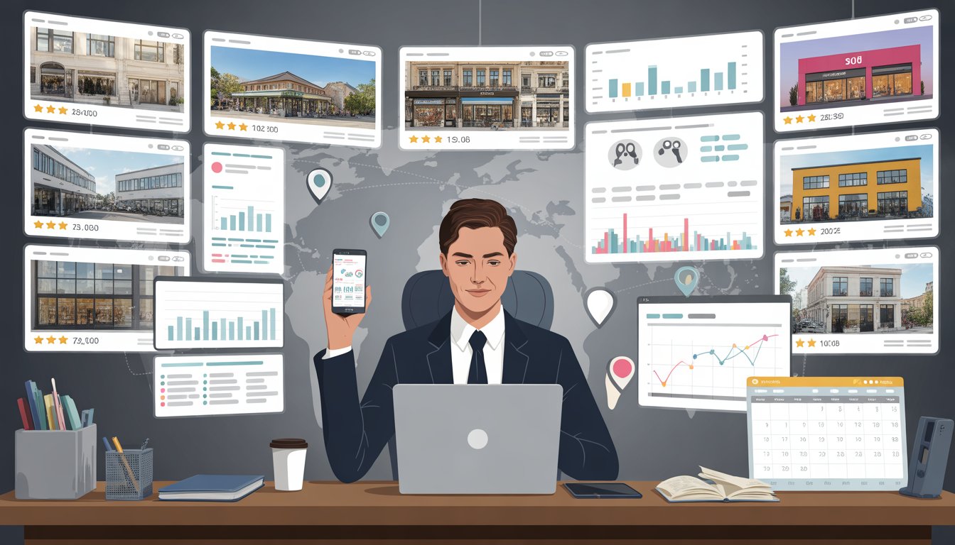 A business manager calmly working at a desk surrounded by multiple screens showing review data and locations, managing many sites efficiently.