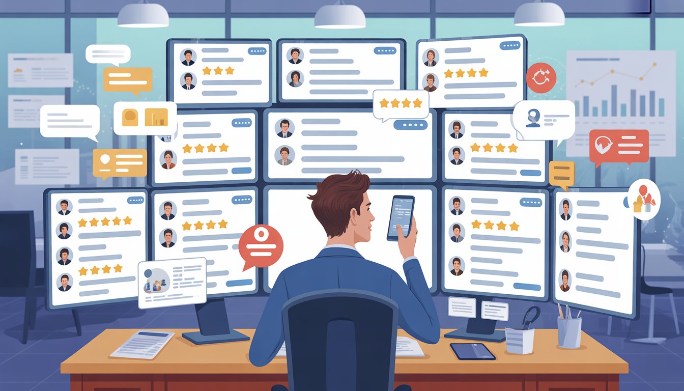 A business manager at a desk surrounded by multiple screens showing star ratings and location markers, working to manage reviews from many locations.