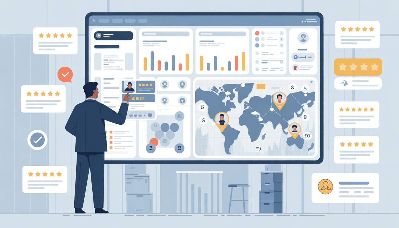 A business manager using a large digital dashboard to organize and analyze customer reviews from many locations.