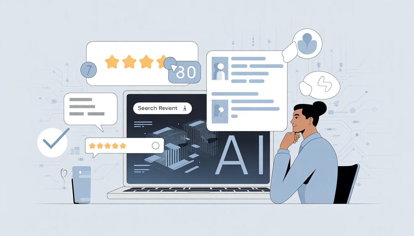A person working on a laptop surrounded by icons of reviews and digital network lines representing AI and search connectivity.