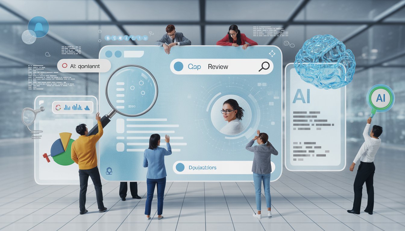 People working together in a high-tech workspace, analyzing digital review content on transparent screens with AI and search-related graphics around them.
