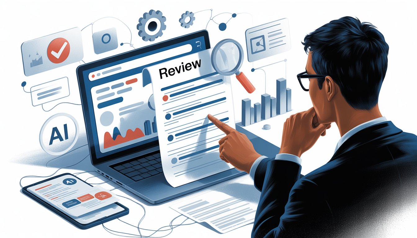 A person working on a laptop surrounded by icons representing AI, search, and content optimization with abstract data streams in the background.
