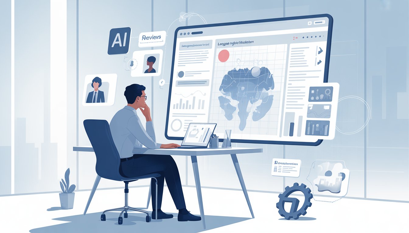 A business professional sitting at a desk, analyzing digital data visualizations and icons related to language model optimization in a modern office.