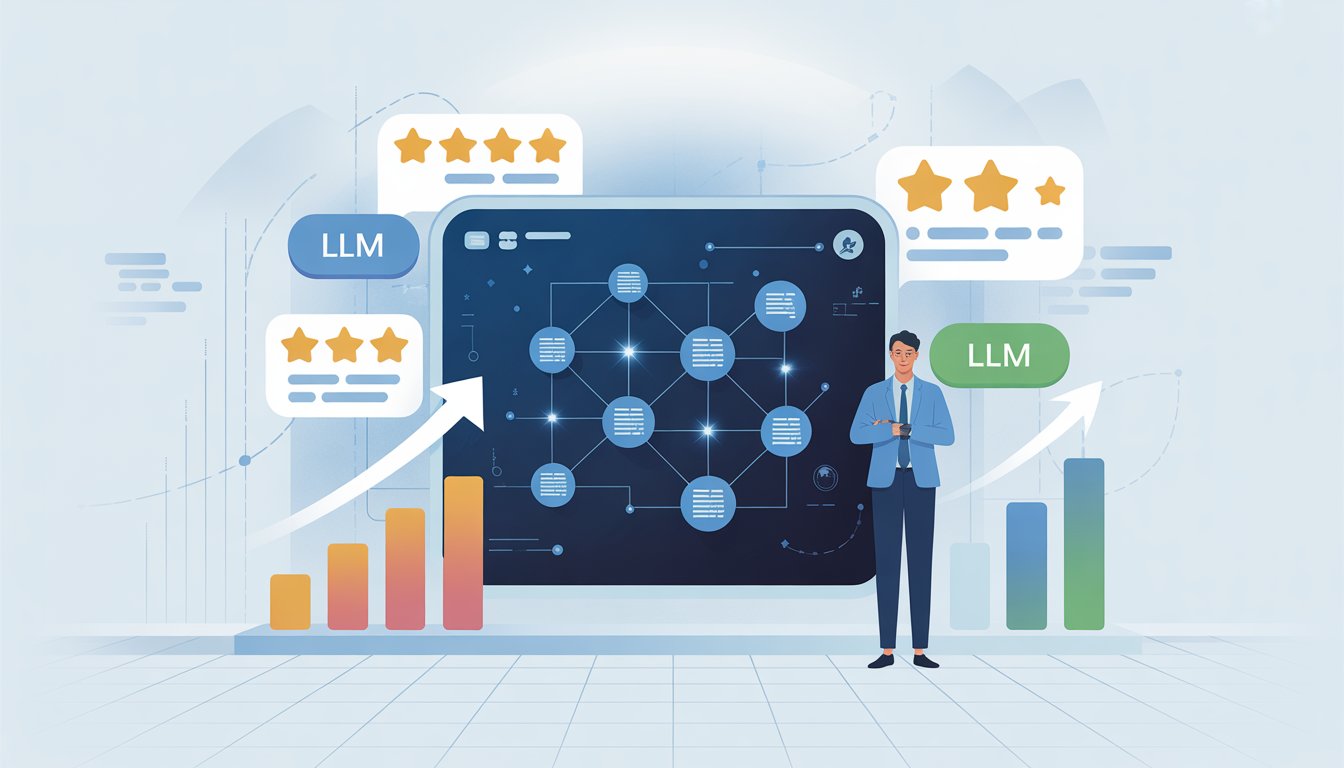 A businessperson standing next to a large digital screen showing interconnected data points, review icons, and upward graphs symbolizing improved visibility through optimization.