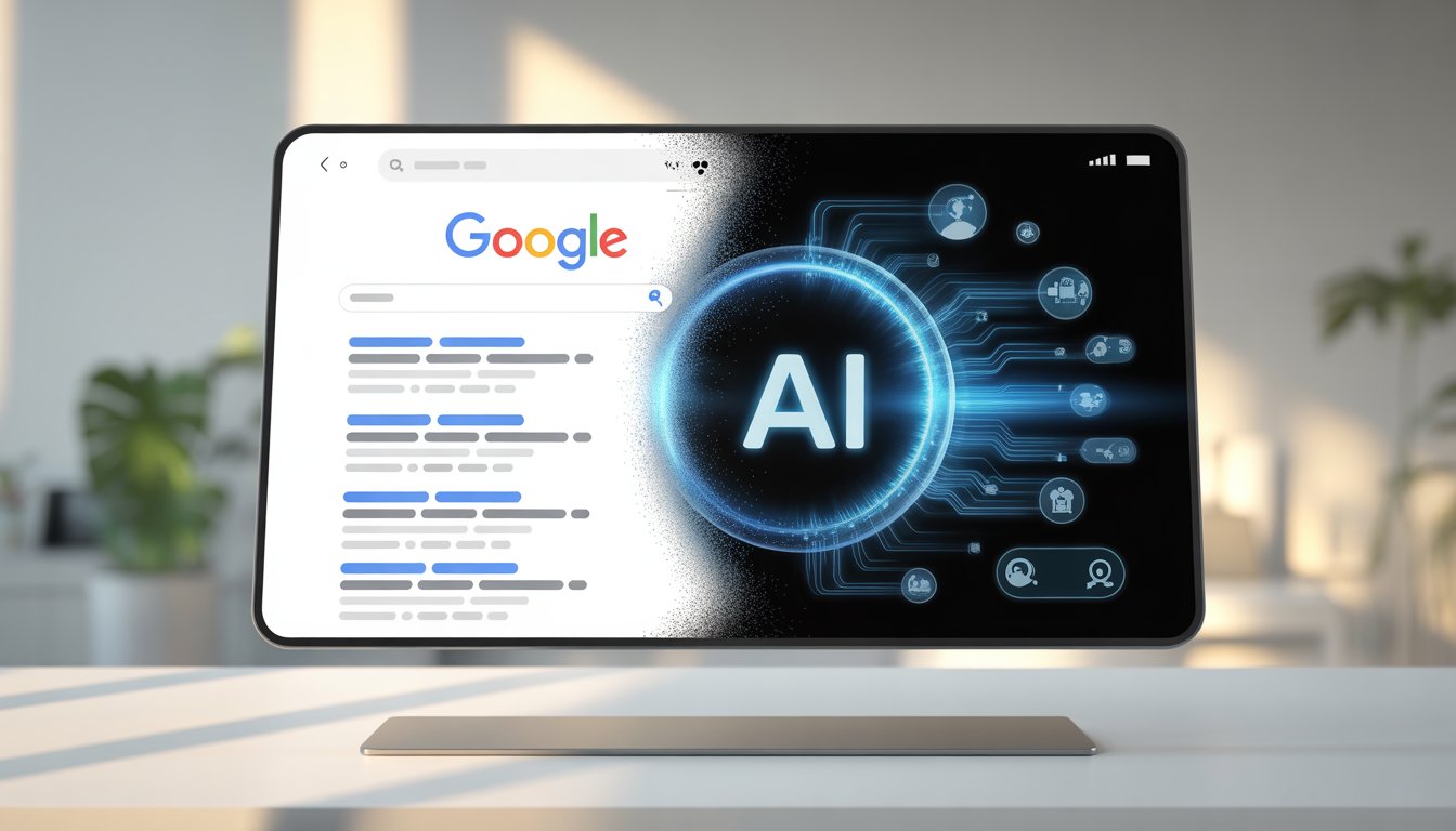 A computer screen showing traditional search results fading into a glowing holographic AI assistant with floating data streams in a modern workspace.