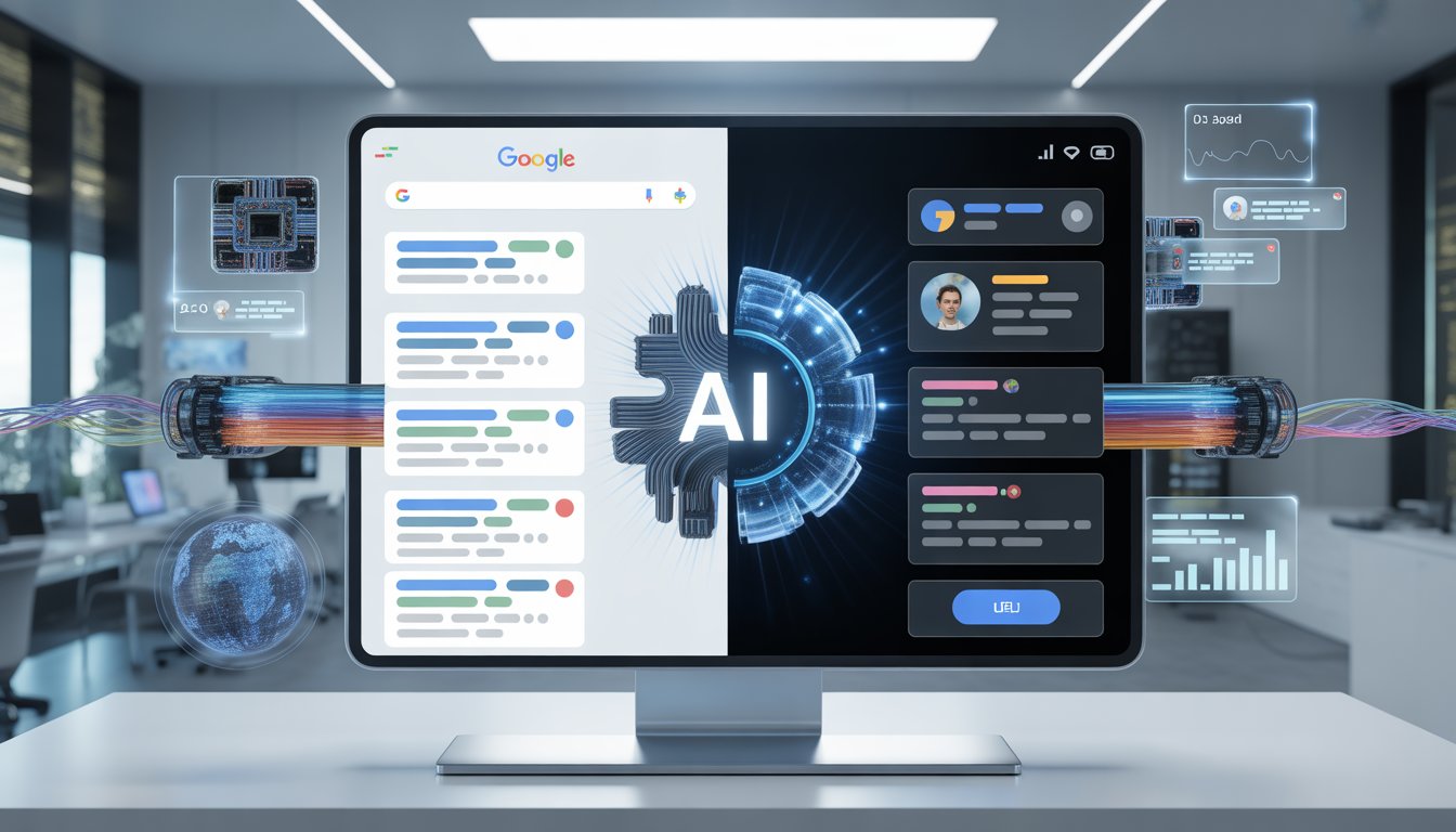 A computer screen split into two halves showing traditional Google search results on one side and an AI-powered search interface on the other, surrounded by abstract AI technology elements in a modern office setting.