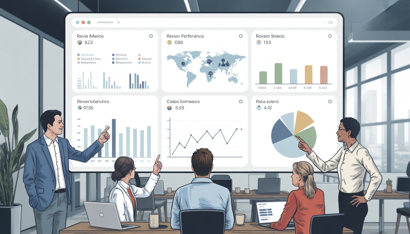 A group of professionals analyzing a digital dashboard showing charts and maps of review performance across multiple locations in an office.