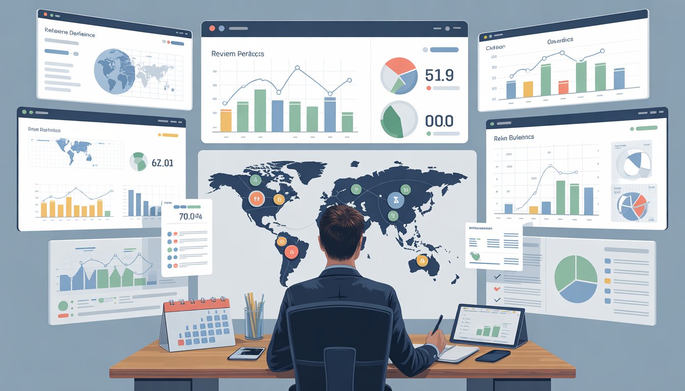 A business analyst reviewing multiple digital dashboards with charts and graphs, tracking performance across several locations marked on a world map.
