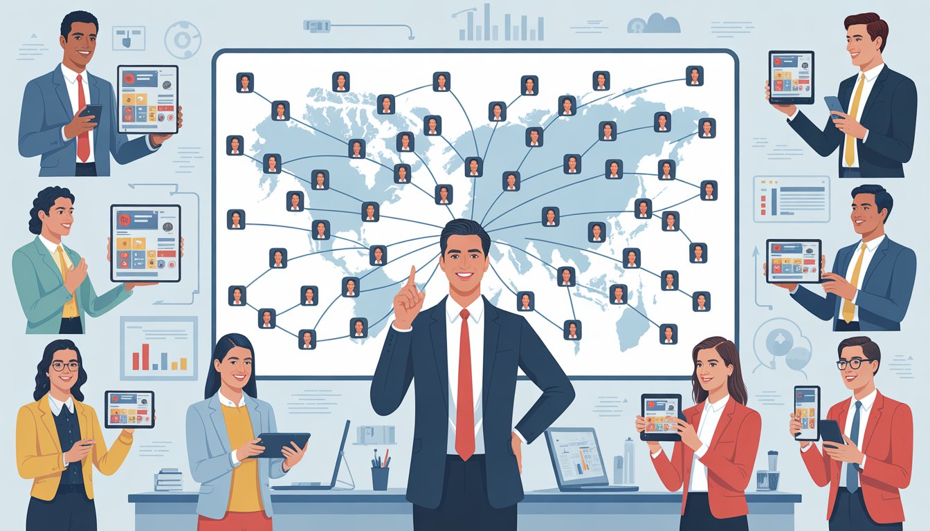 A person pointing at a digital map showing many connected store locations, with employees at different sites using devices displaying consistent branded content.
