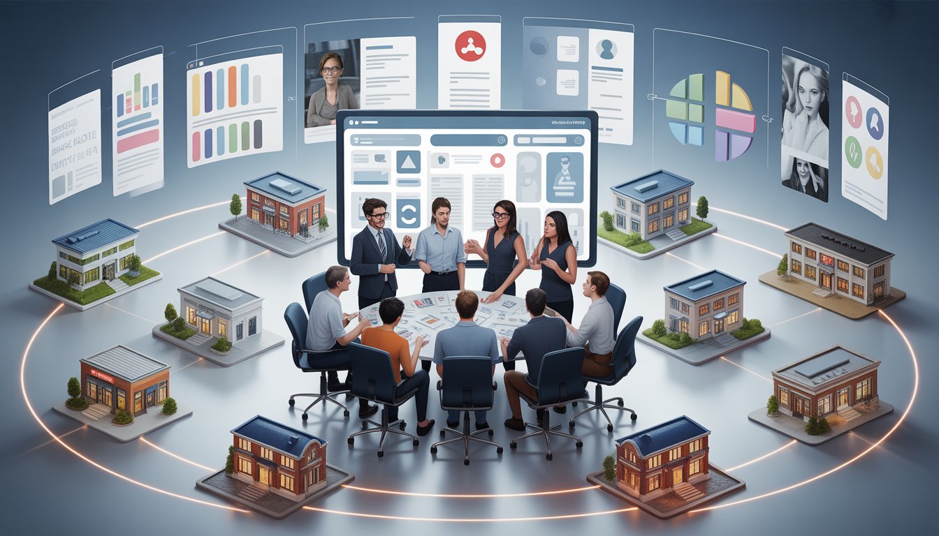 A team of branding experts working together around a digital screen with multiple office locations connected, representing consistent brand management across many sites.