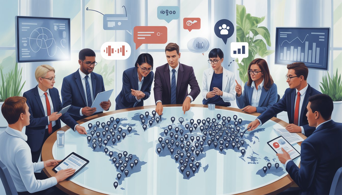 A team of business people collaborating around a large digital map with many location markers in a modern office.