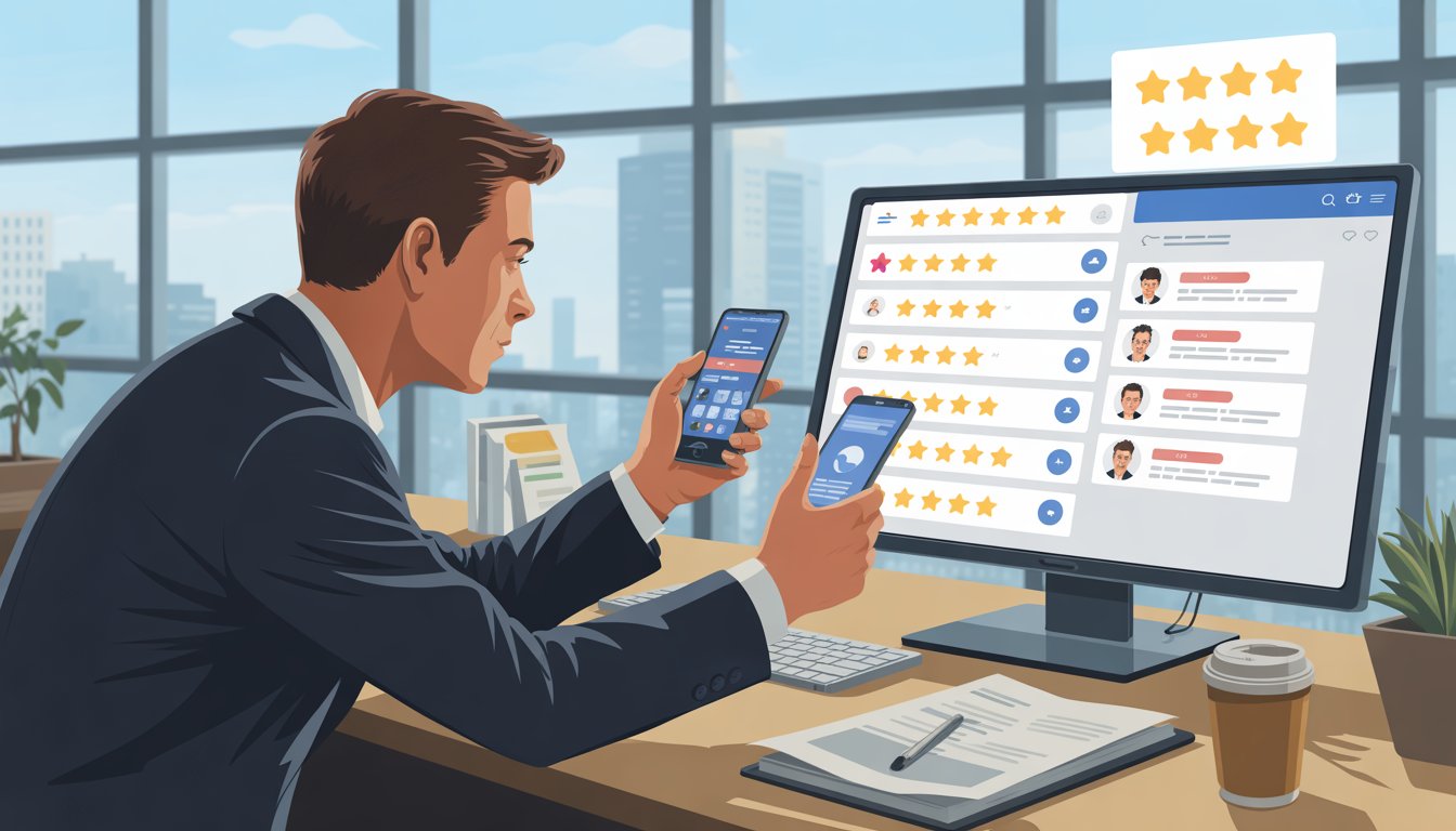 A business owner at a desk looking at a computer screen with reviews, holding a smartphone, appearing to report fake reviews.
