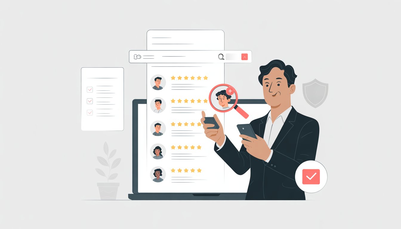 A business owner reviewing online customer feedback on a laptop and using a device to report suspicious reviews, with warning icons highlighting fake reviews.