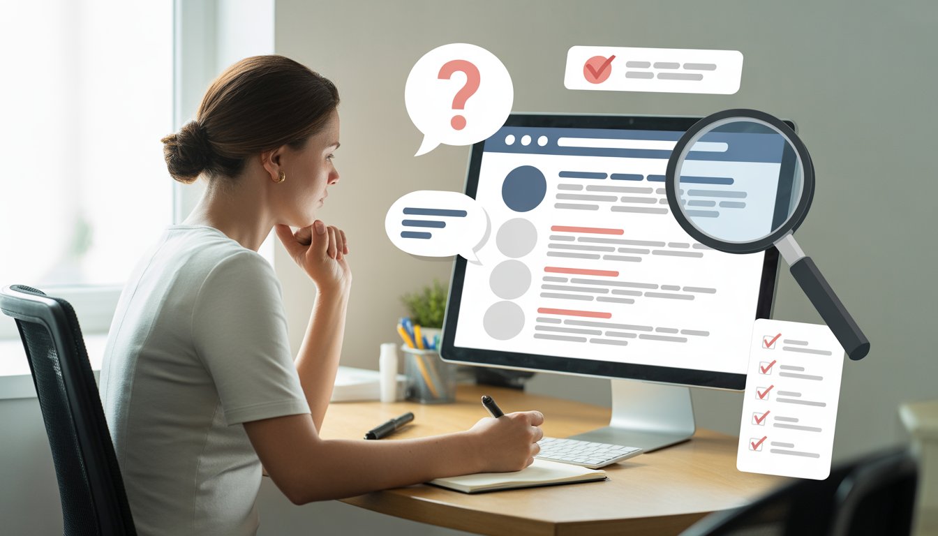 A customer service representative at a desk reviewing an online review on a computer, thoughtfully analyzing and preparing to respond to errors.