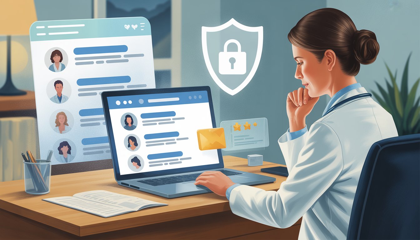 A healthcare professional at a desk thoughtfully responding to online patient reviews on a laptop, with symbols of privacy like a shield and lock in the background.