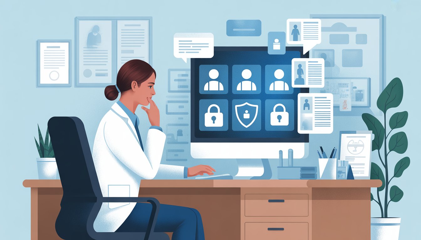 A healthcare professional working at a desk in a medical office, using a computer with icons representing patient privacy and reviews around them.