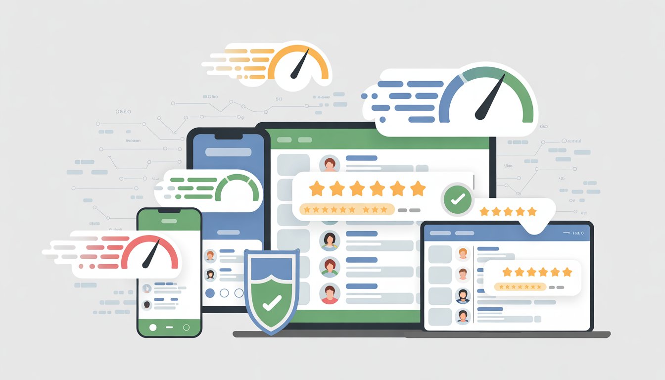 Multiple digital devices showing star ratings and review comments with speed indicators and shield icons representing fast removal of fake reviews on online platforms.