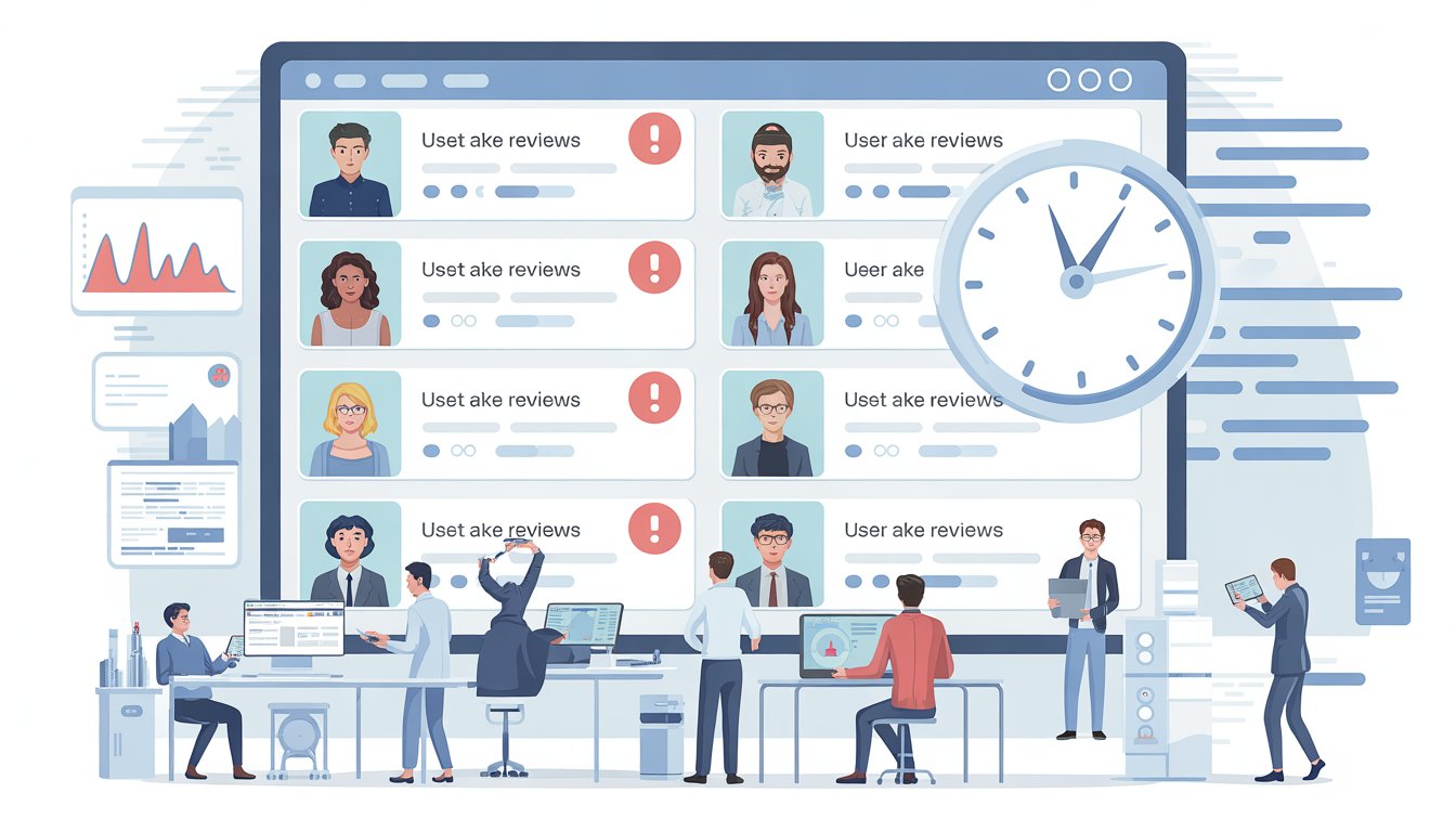A team of professionals working in a modern office analyzing online reviews on screens, with warning icons highlighting fake reviews and a clock symbolizing fast removal.