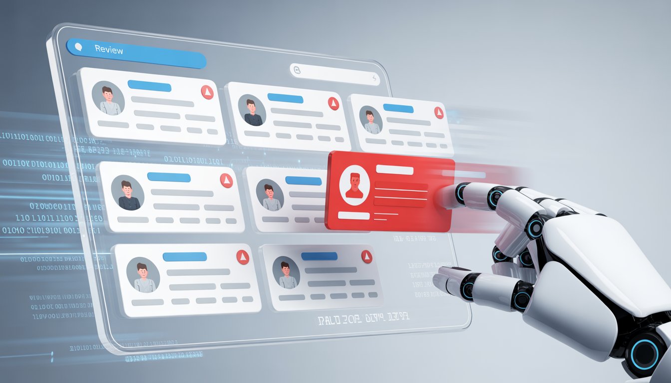 A digital screen showing online reviews with some flagged as fake being quickly removed by a robotic hand.