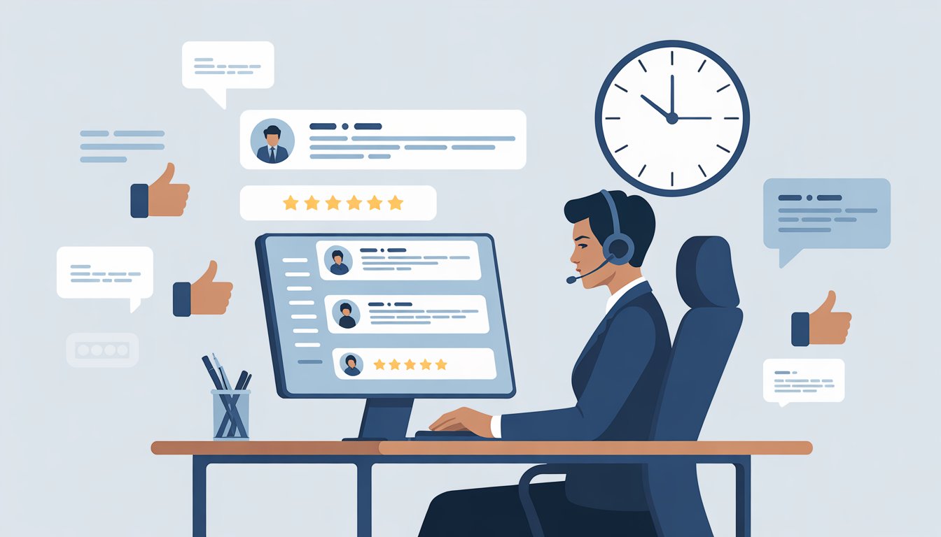 A customer service representative at a desk reading negative reviews on a computer screen with a clock on the wall behind.