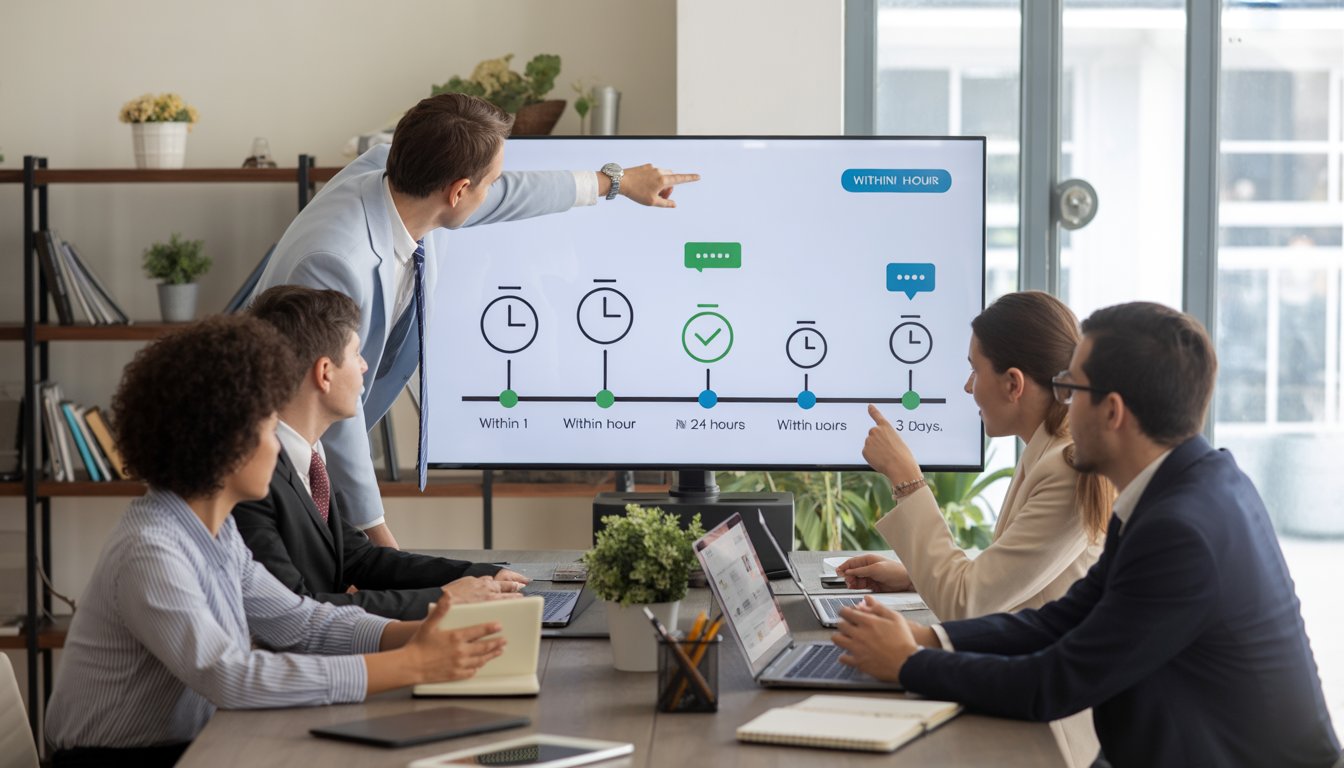 A team of professionals in a meeting room discussing a timeline for responding to negative reviews shown on a large screen.