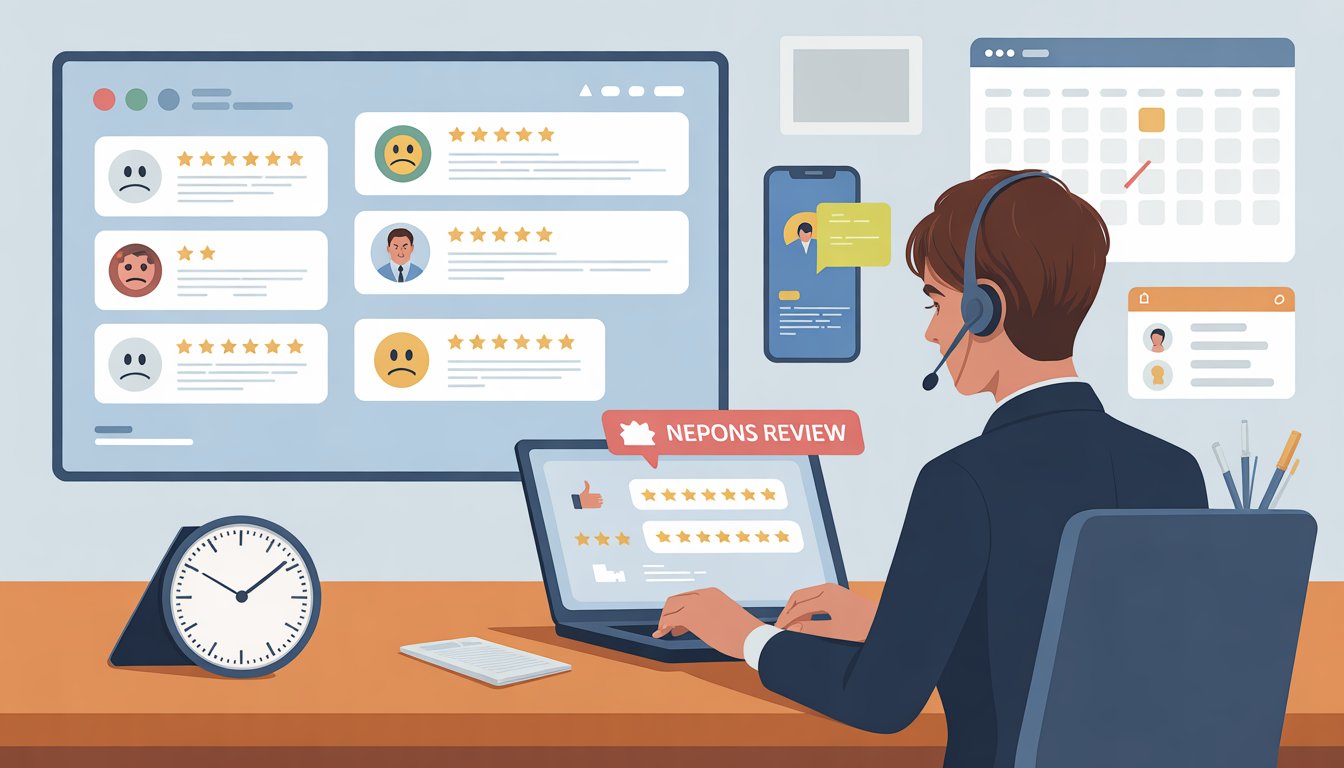 A customer service representative at a desk quickly responding to negative customer reviews shown on a screen, with a clock indicating passing time.