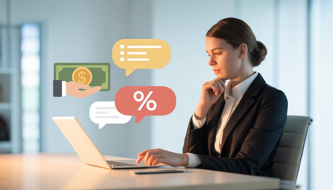A customer service representative at a desk with icons representing refunds and discounts above, considering options for responding to public reviews.