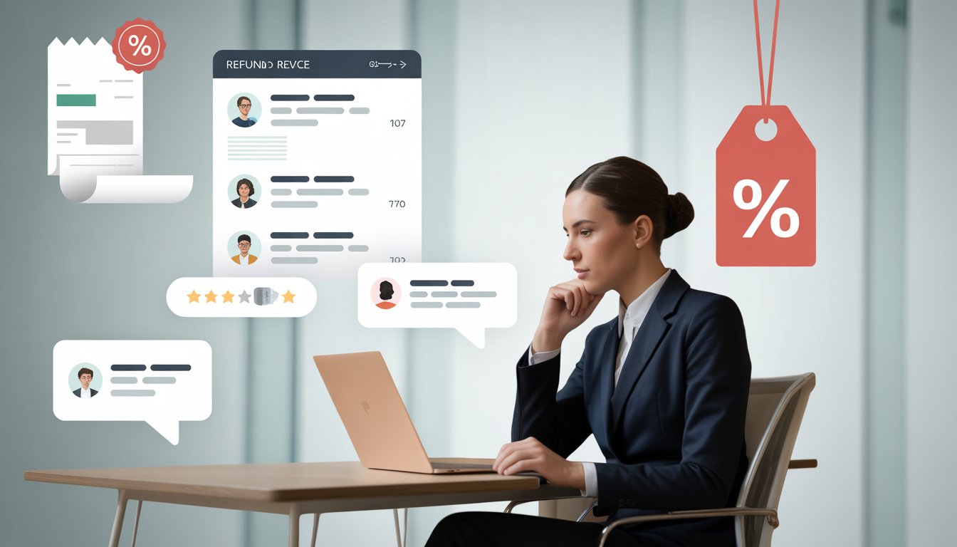 A customer service representative at a desk reviewing customer feedback with icons representing refunds and discounts around them.