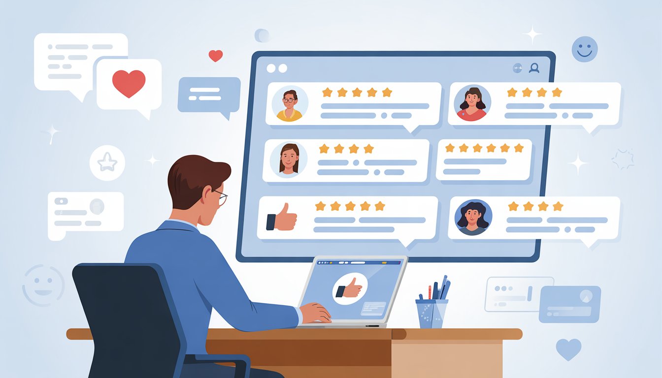 A customer service representative at a desk responding to positive customer reviews on a laptop, with icons of stars and thumbs-up displayed on a screen behind them.