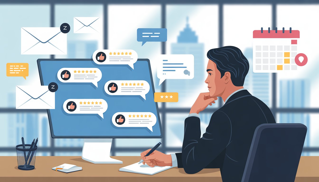 A businessperson at a desk reviewing positive customer feedback on a computer, thoughtfully considering how to respond.