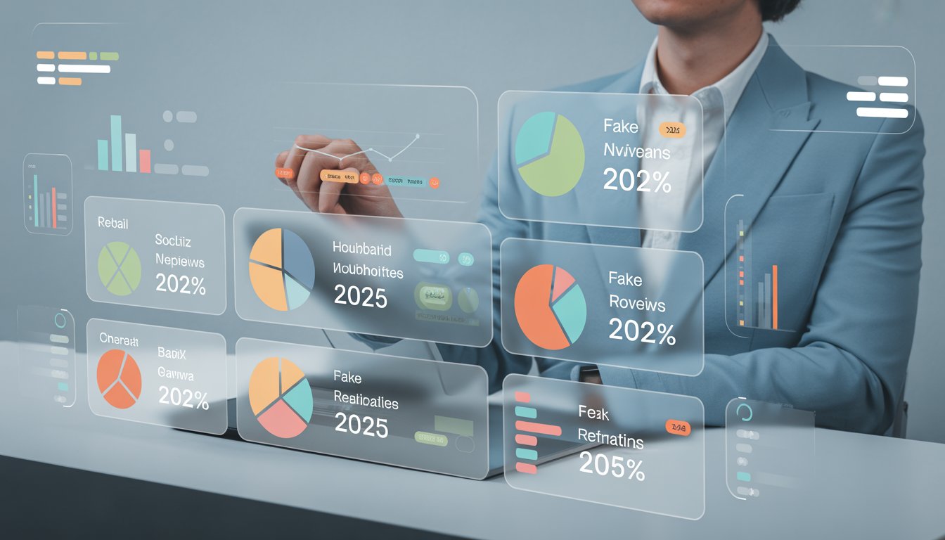 A digital dashboard with multiple colorful charts and graphs showing the breakdown of fake online reviews across different industries and platforms in 2025.