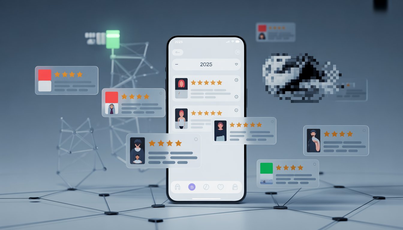 A smartphone screen showing star ratings and comments surrounded by glowing and distorted review icons, illustrating the presence of fake online reviews.