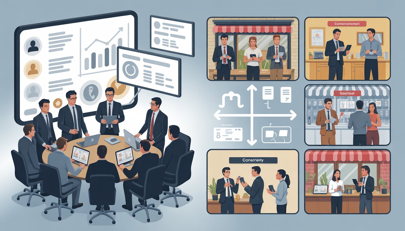 A business meeting showing corporate executives reviewing data on screens and individual store managers managing customer interactions in their separate store environments, illustrating centralized versus individual review management.