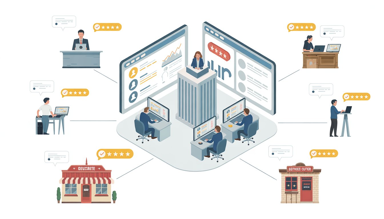 A corporate office connected by digital lines to multiple business locations, each with people managing customer reviews on computers and tablets.